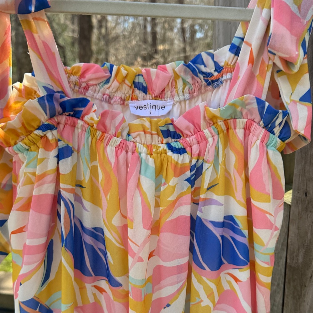 vestique Pink, Blue, Yellow & Cream Ruffle-Top Dress - Picture 4 of 9